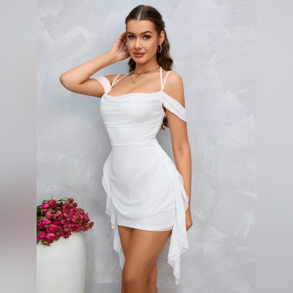 Parthea Cold Shoulder Ruffle Trim Ruched Mesh Bodycon Dress - Picture 3 of 15